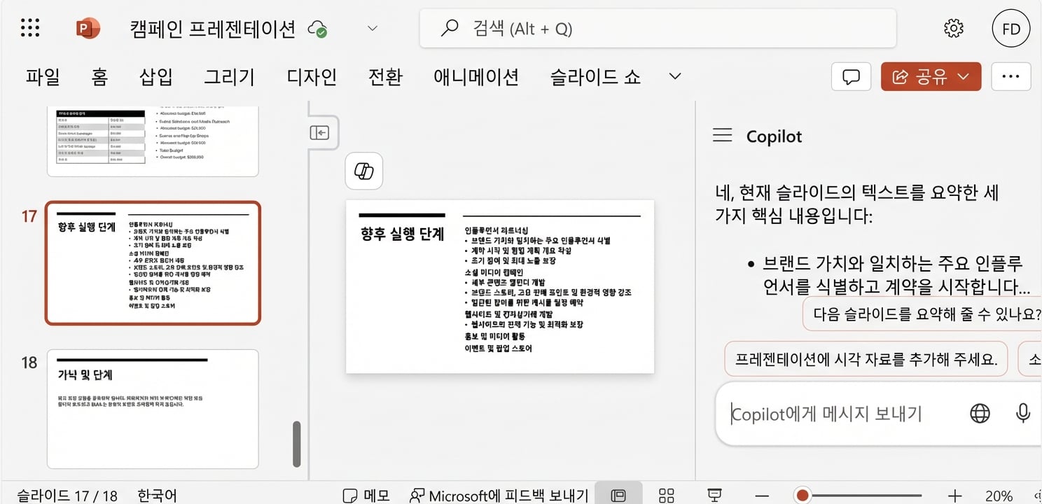 PowerPoint 슬라이드 스크린샷. Copilot 채팅이 열려 있으며 사용자와의 대화가 표시됨.