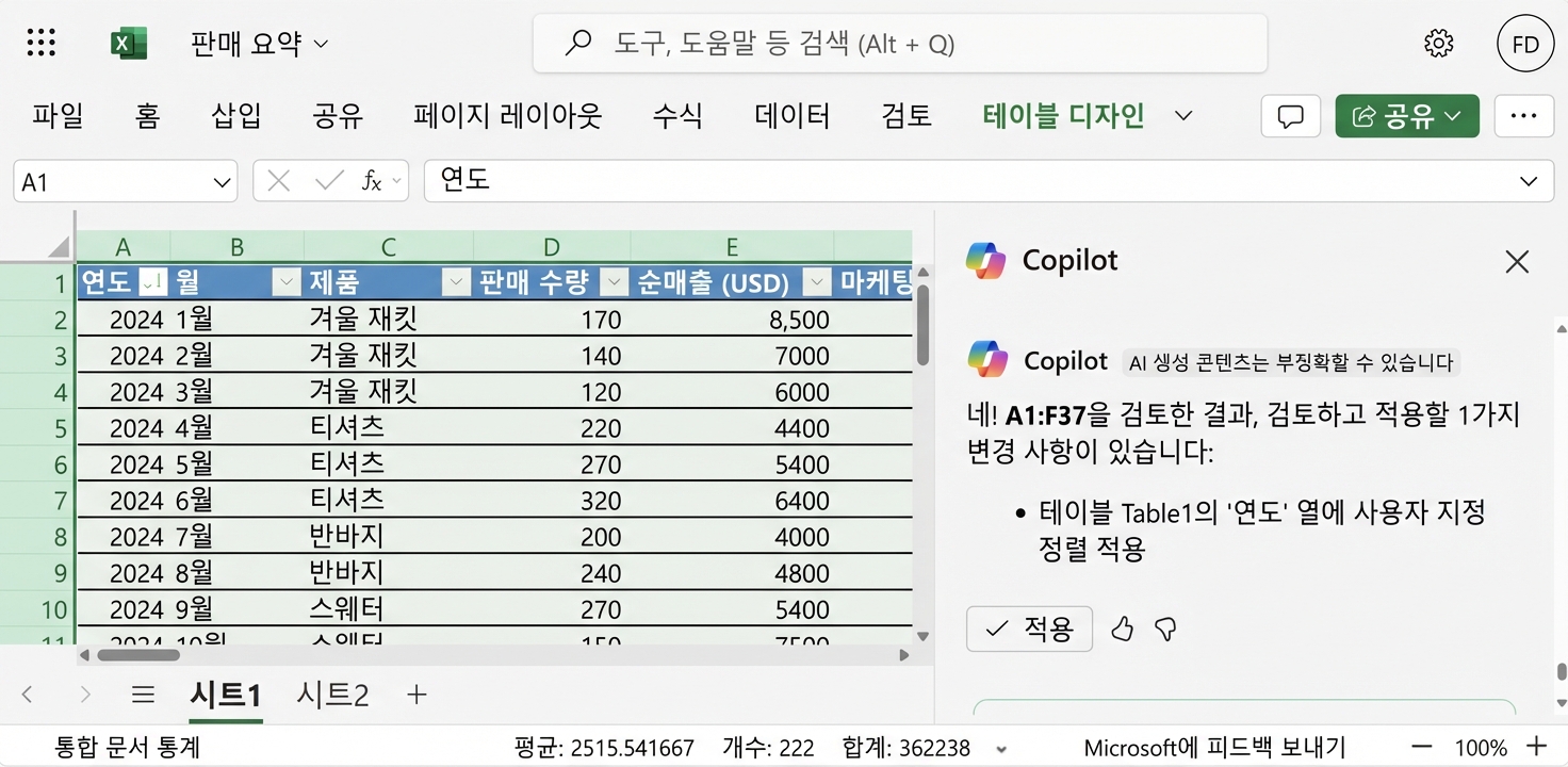 의류 제품 데이터가 표시된 Excel 문서와 연도 열 기준 정렬을 요청하는 Copilot 채팅 창.