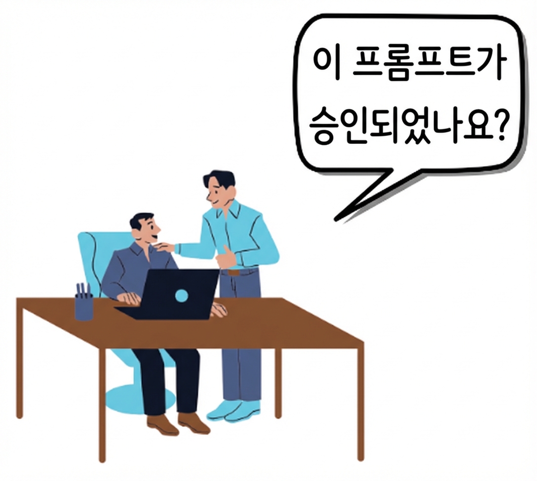 노트북 앞 책상에 앉은 두 사람 중 한 명이 프롬프트 승인 여부를 묻는 장면