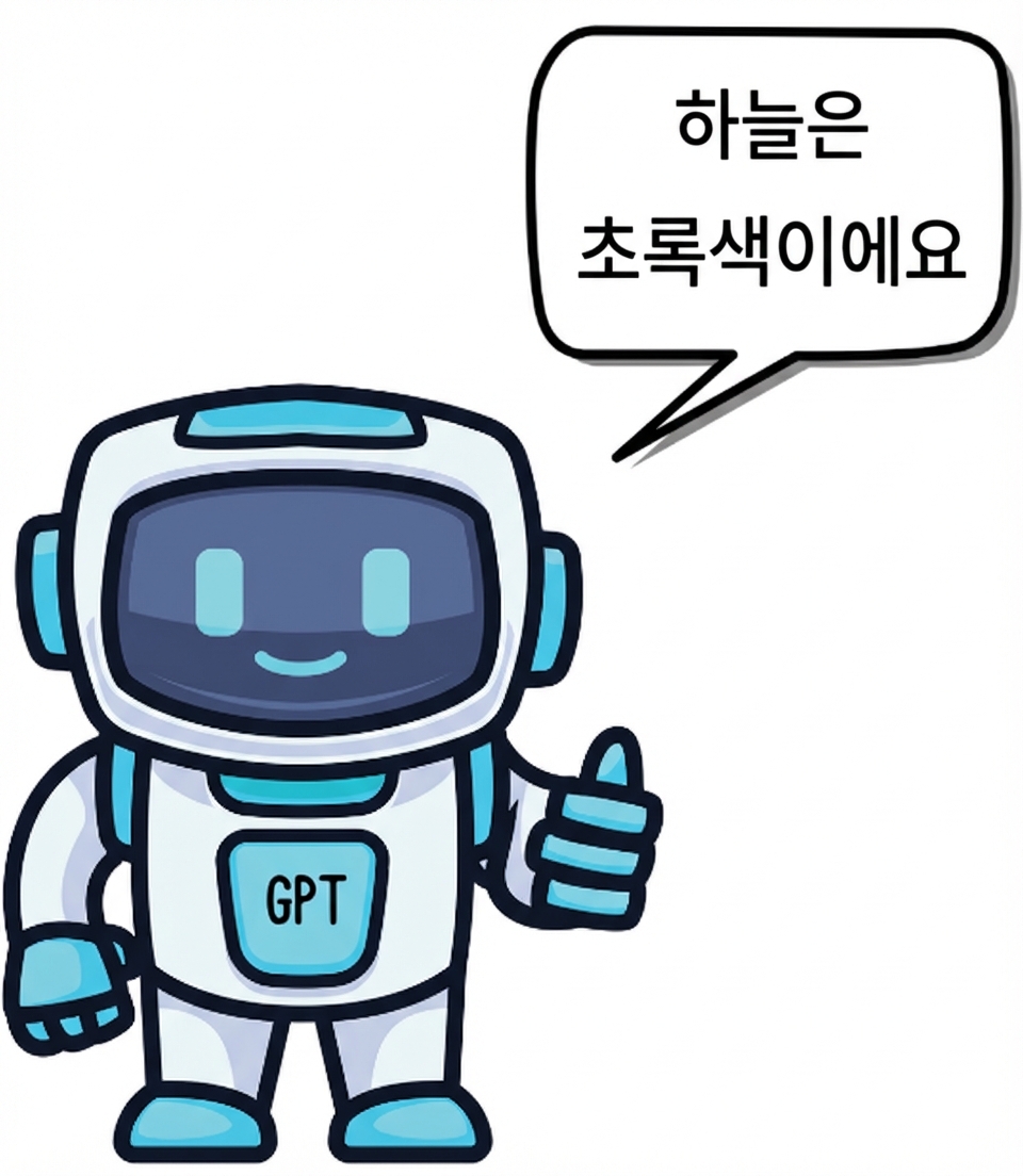 하늘이 초록색이라고 표시된 오답을 보여주는 GPT 봇