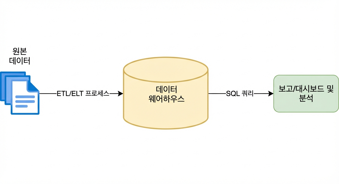 분석 워크플로 차트. 소스 데이터가 데이터 웨어하우스의 SQL 테이블로 적재되고, 분석 또는 리포팅/대시보드 인사이트를 위해 쿼리됩니다.