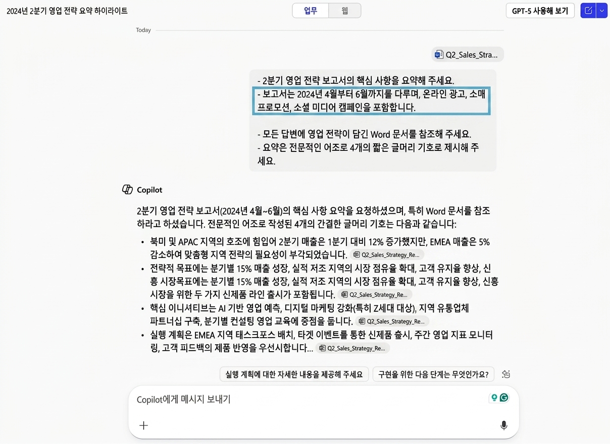 Copilot이 영업 보고서를 요약하는 화면, 다양한 캠페인 유형을 포함하라는 Context 지시 사항을 강조하는 스크린샷