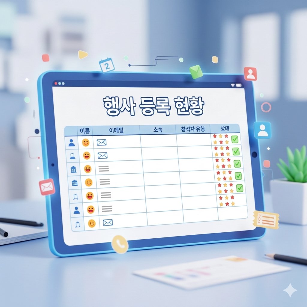 이벤트 등록 데이터 시트가 표시된 노트북 화면을 보여주는 벡터 이미지