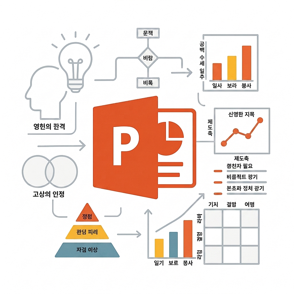 아이콘과 화살표가 있는 PowerPoint 슬라이드 일러스트, 아이디어를 시각 자료로 바꾸는 과정을 상징