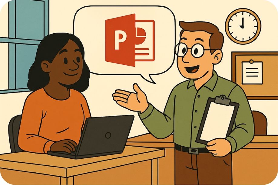 사무실에서 대화하는 두 사람, 한 명이 말풍선 속 PowerPoint 아이콘을 보여주는 그림