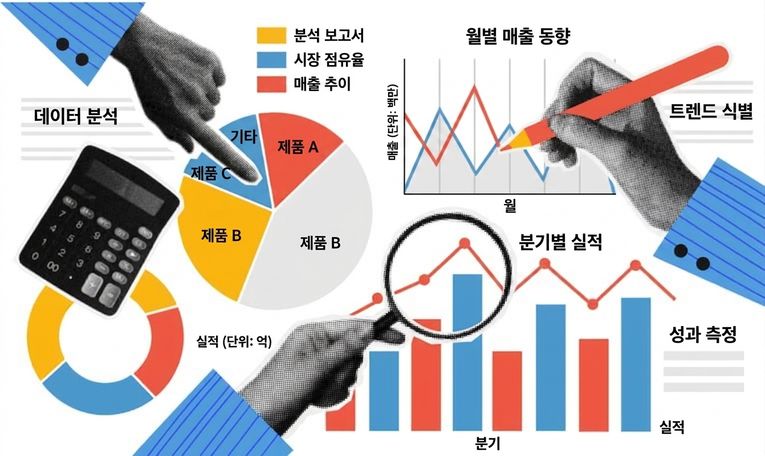 차트, 그래프, 계산기를 사용해 데이터를 분석하는 손을 표현한 그림으로, Copilot이 숫자를 인사이트로 전환하는 과정을 상징함