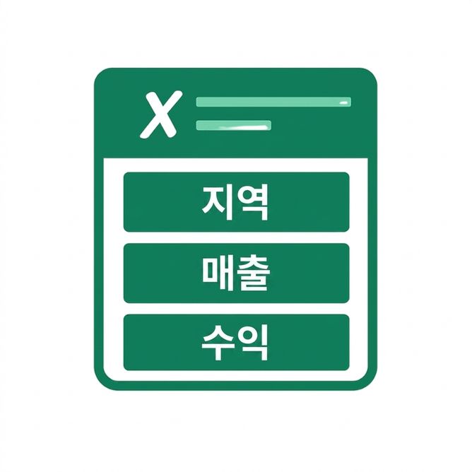 지역, 매출, 이익 열이 표시된 녹색 Excel 시트를 표현한 그림으로, 명확한 데이터 구성을 상징함
