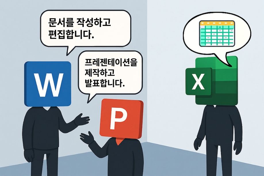 Microsoft Word, PowerPoint, Excel 로고를 머리로 가진 세 인물을 표현한 그림으로, Microsoft 앱 간 협업을 상징함