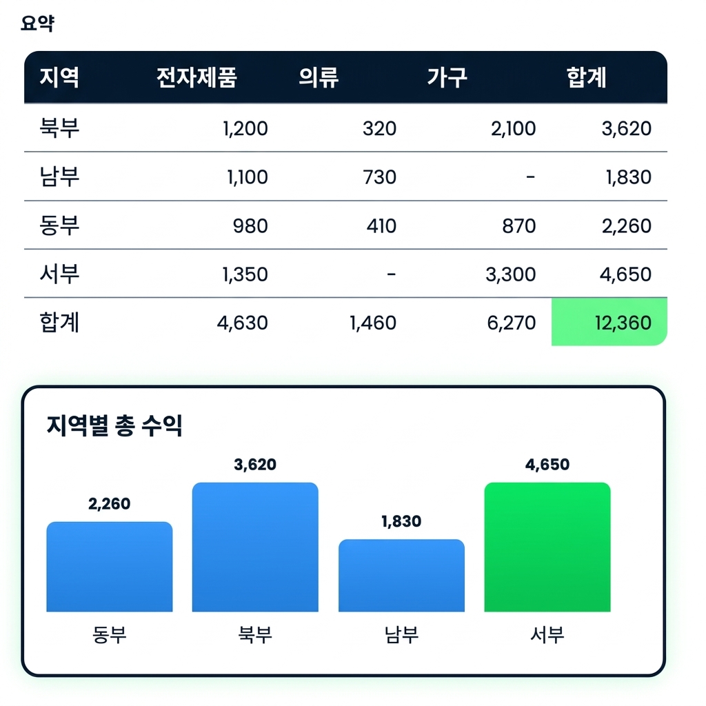 지역과 카테고리별 매출 피벗 테이블과 지역별 합계 막대 차트