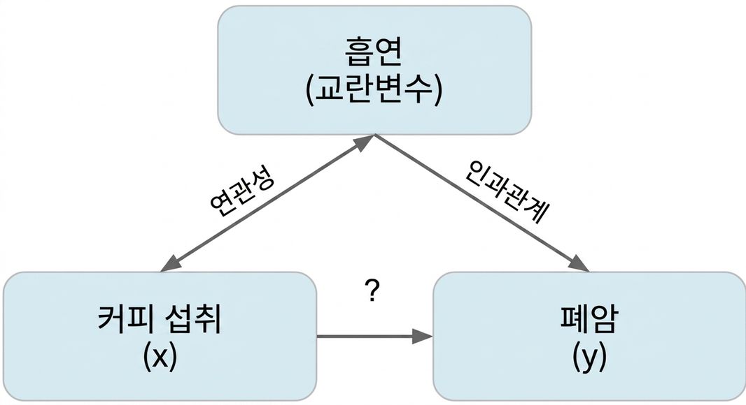 흡연(교란 변수)과 함께 커피 섭취(x)가 폐암(y)을 가리킴. "연관성"이라고 표시된 흡연과 커피 섭취 사이의 양방향 화살표. "인과관계"라고 표시된 흡연에서 폐암으로 향하는 화살표.