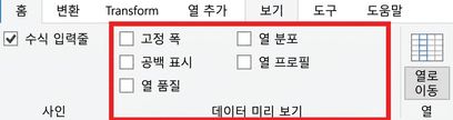 Power Query 화면 캡처로, 보기 리본이 선택되어 있고 데이터 미리 보기 기능이 강조 표시됨