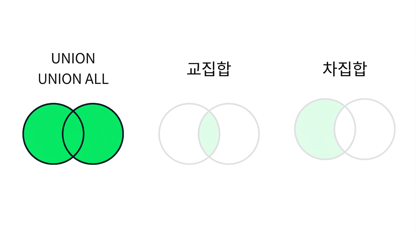 An image that shows three Venn diagrams, with two shaded out. Only the diagram with UNION is in focus. The UNION diagram has two overlapping circles, fully colored in green.