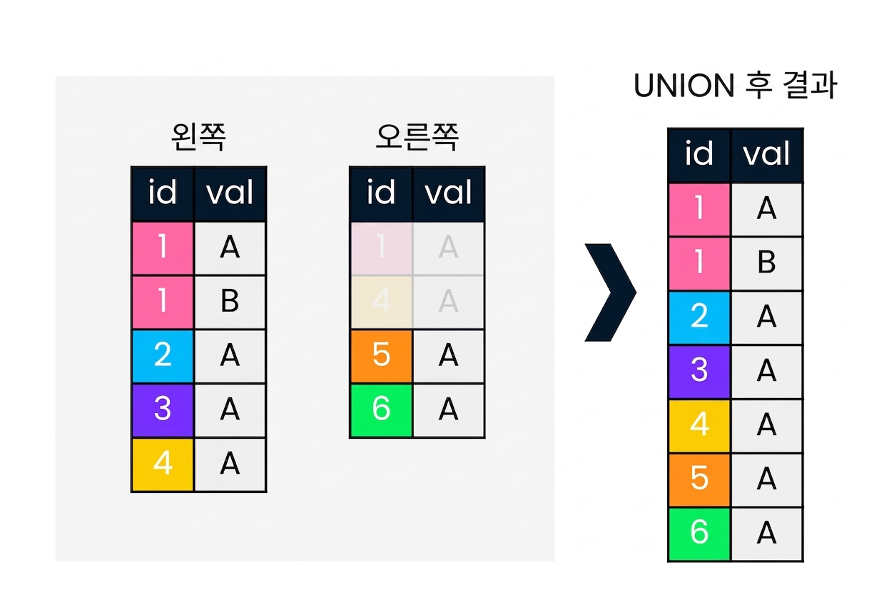 A diagram showing two tables, left and right. On the right side of the diagram, there is an illustration of what happens when a UNION operation is performed on the two tables.