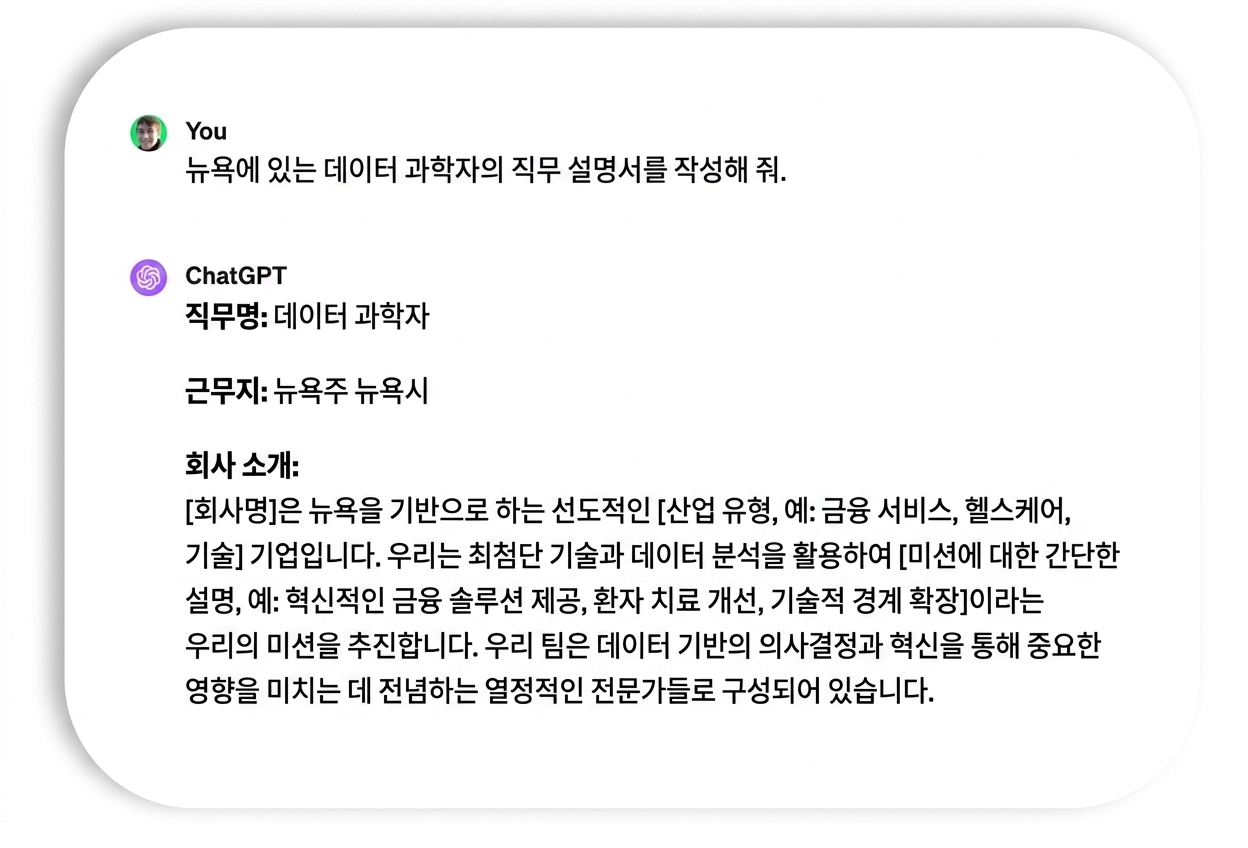 데이터 과학자의 직무 설명서에 대한 프롬프트 및 응답.