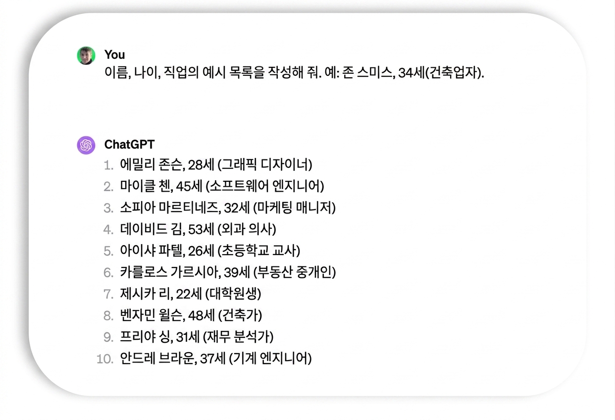 예시 이름 및 직업의 프롬프트와 응답.