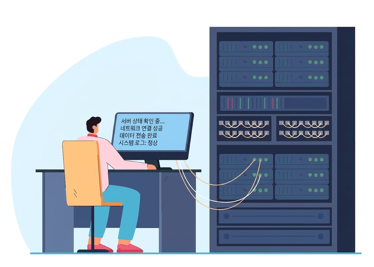 Man working on a computer plugged into large server