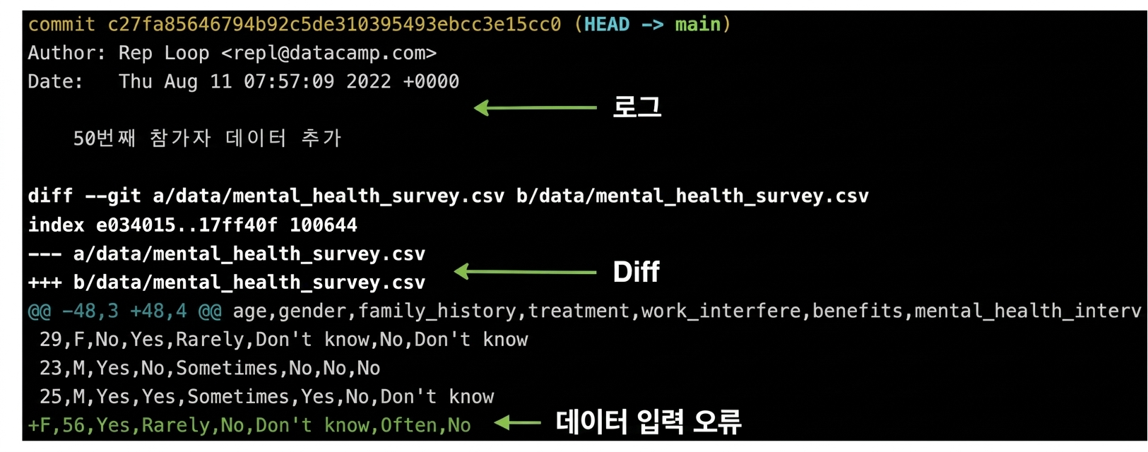 상단에 git 로그 출력, 하단에 git diff 출력, 맨 아래에 잘못된 데이터 입력이 표시된 git show 출력