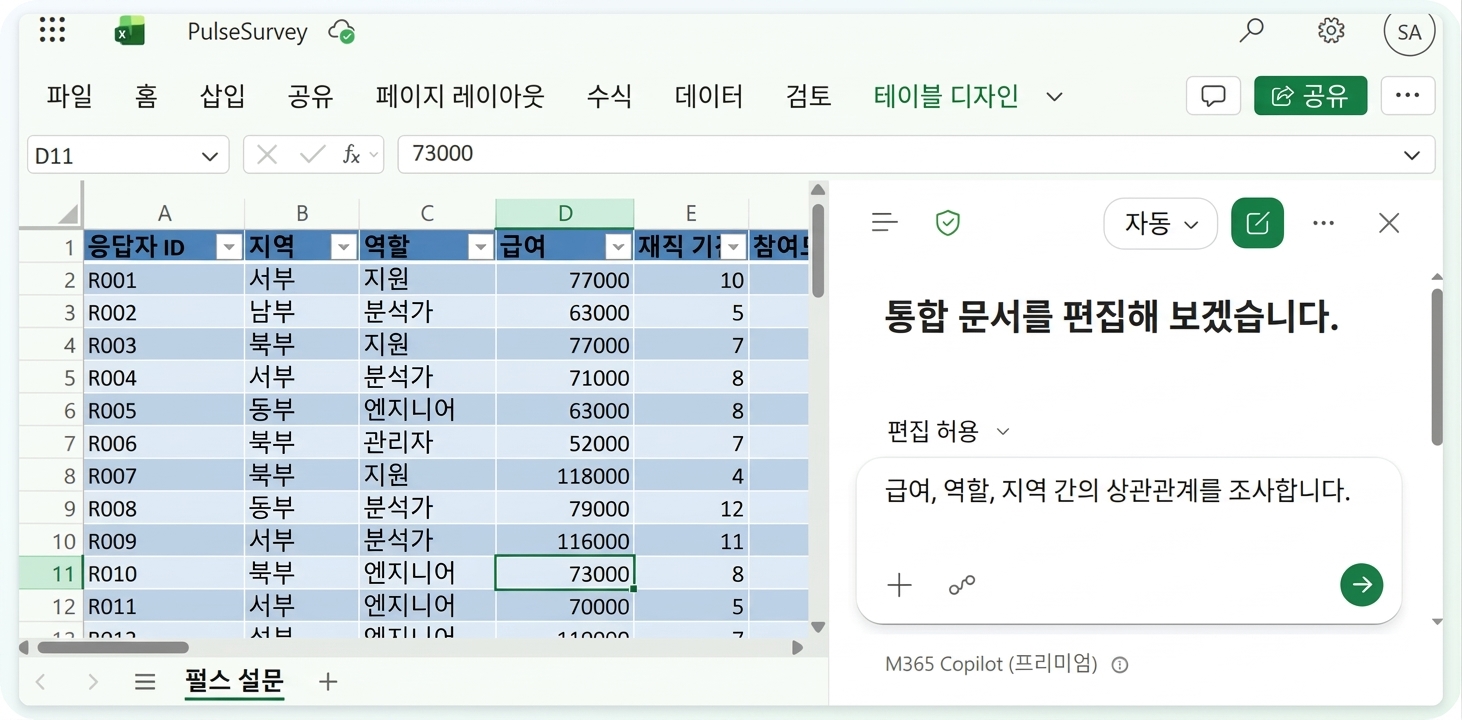 Copilot 창에 상관관계 요청을 입력한 PulseSurvey 워크북