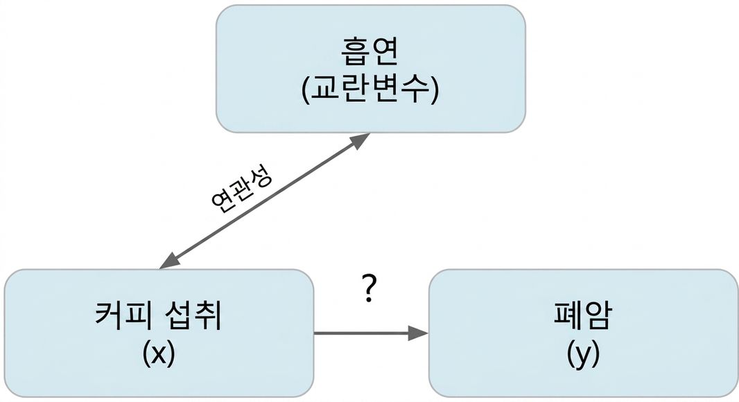 흡연(교란 변수)과 함께 커피 섭취(x)가 폐암(y)을 가리킴. "연관성"이라고 표시된 흡연과 커피 섭취 사이의 양방향 화살표.