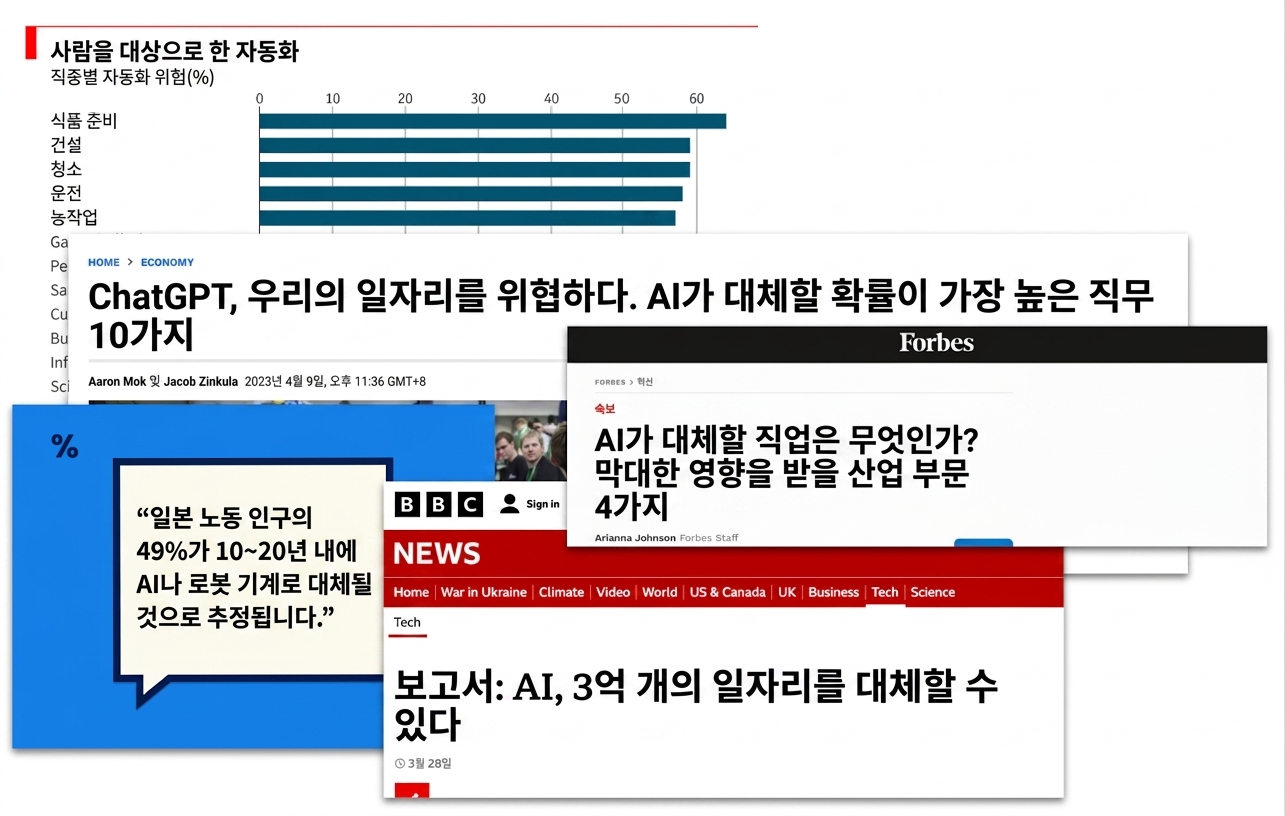 AI가 다양한 직업을 대체할 것이라고 선언하는 뉴스 제목과 차트