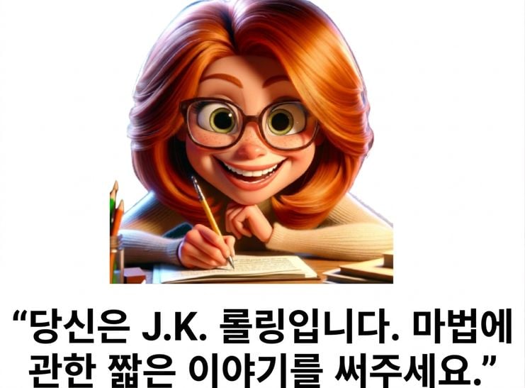 행복해 보이는 사람이 "당신은 J.K. 롤링입니다. 마법에 관한 짧은 이야기를 써 주세요"라는 프롬프트를 보고 있음