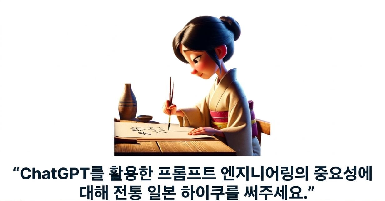 "ChatGPT를 사용하는 프롬프트 엔지니어링의 중요성에 대한 전통 일본 하이쿠를 써줘." 프롬프트와 하이쿠를 쓰고 있는 한 사람