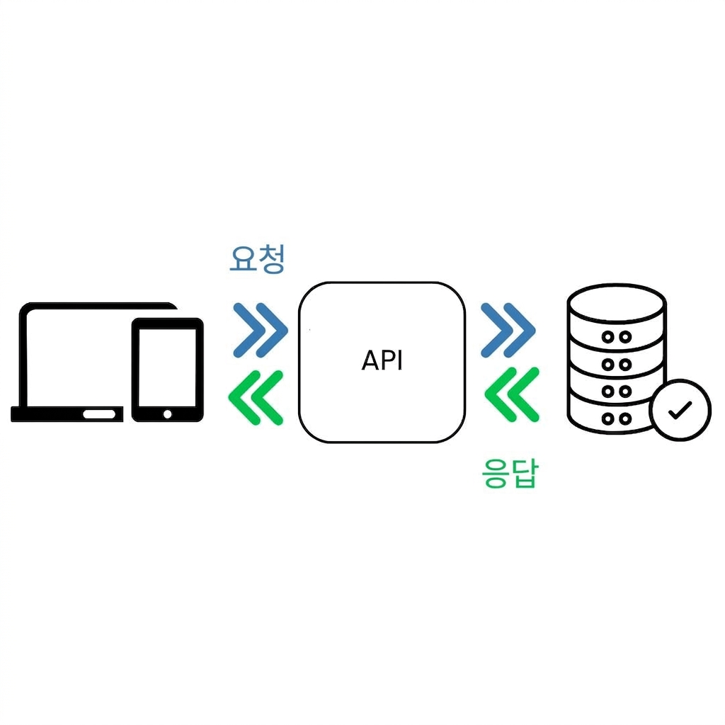 Diagram showing a laptop and tablet on the left sending a request to an API, which returns a response from a database on the right. Arrows indicate the flow of request and response.