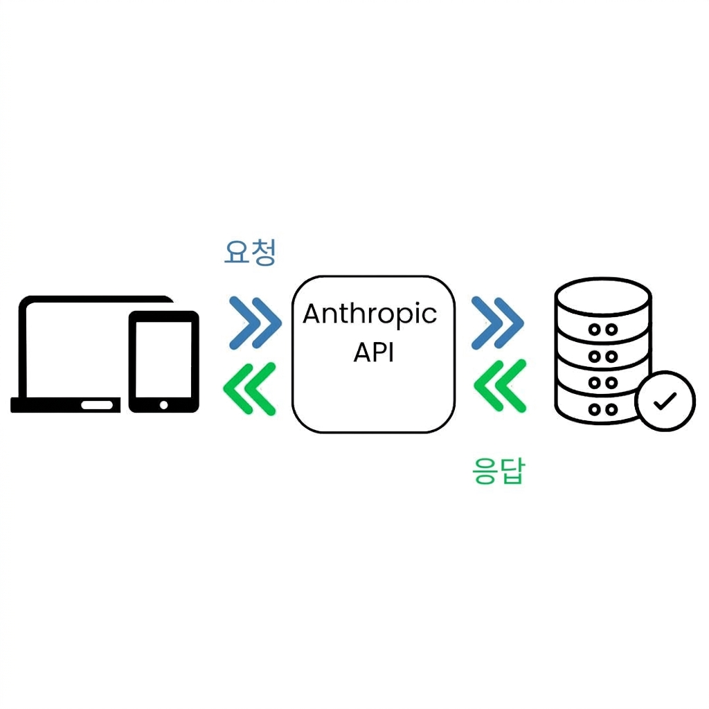 Diagram showing a laptop and tablet on the left sending a request to an API, which returns a response from a database on the right. Arrows indicate the flow of request and response.