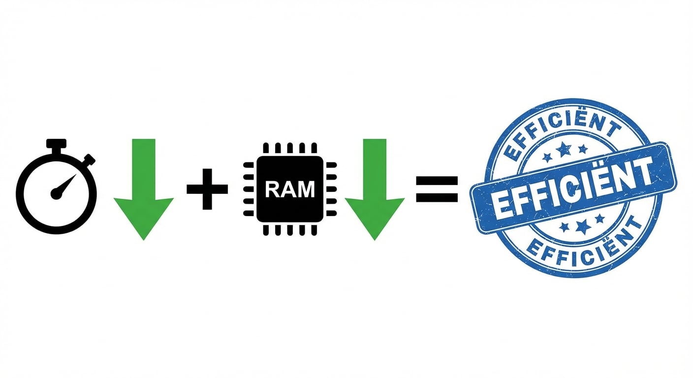 alt="Vergelijking met een stopwatch naast een pijl omlaag plus een geheugenstick naast een pijl omlaag die samen het woord efficient vormen"