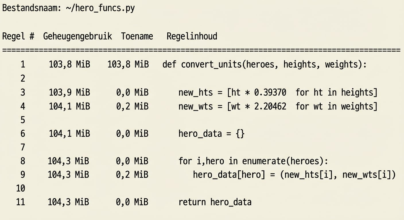 alt=”Magic-commando mprun: tabeluitvoer met geheugenprofileringsstatistieken, mebibytes (MiB) in de uitvoer gemarkeerd”