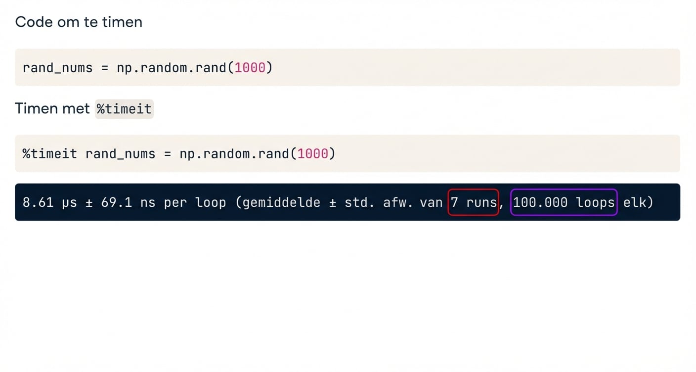 alt="Uitvoer van magic-opdracht timeit met aantal runs en aantal loops gemarkeerd"