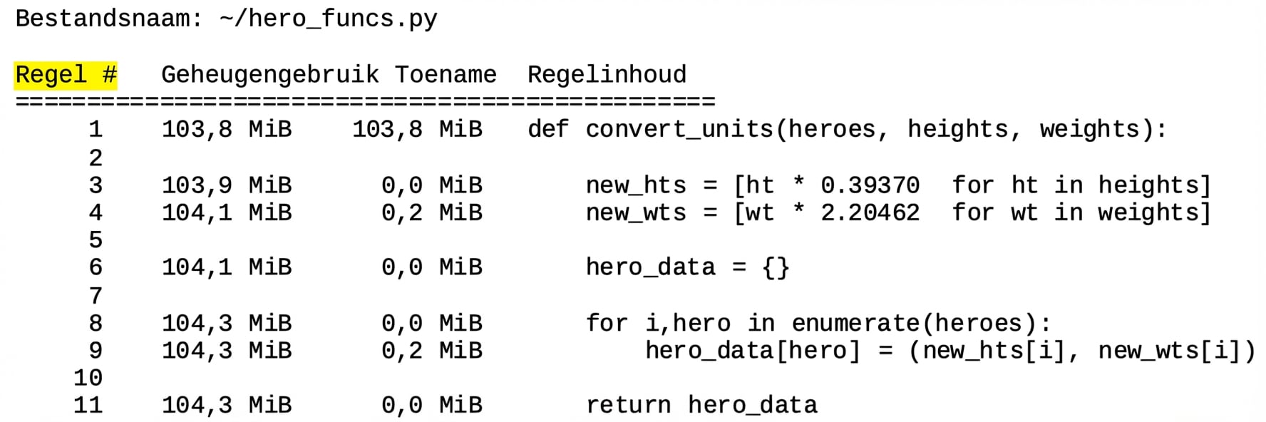 alt=”Magic-commando mprun: tabeluitvoer met geheugenprofileringsstatistieken, kolom Line # gemarkeerd”