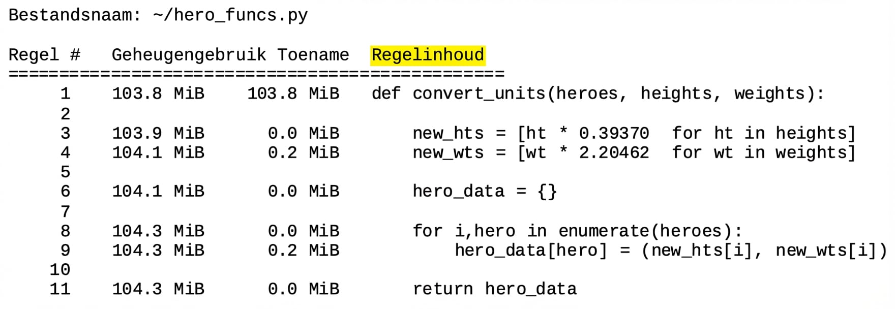 alt=”Magic-commando mprun: tabeluitvoer met geheugenprofileringsstatistieken, kolom Line contents gemarkeerd”