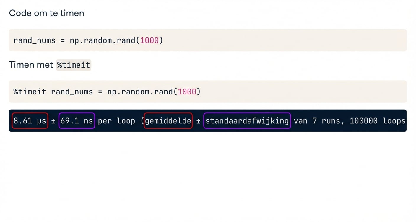 alt="Uitvoer van magic-opdracht timeit met gemiddelde en standaarddeviatie gemarkeerd"