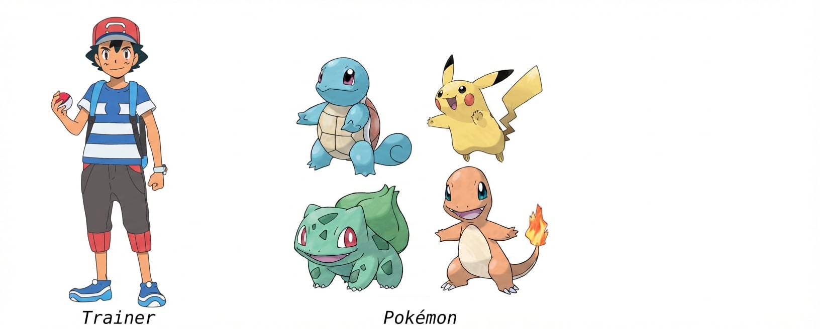 alt=”Squirtle, Pikachu, Bulbasaur en Charmander; enkele van de vele Pokémon in de Nintendo-game”