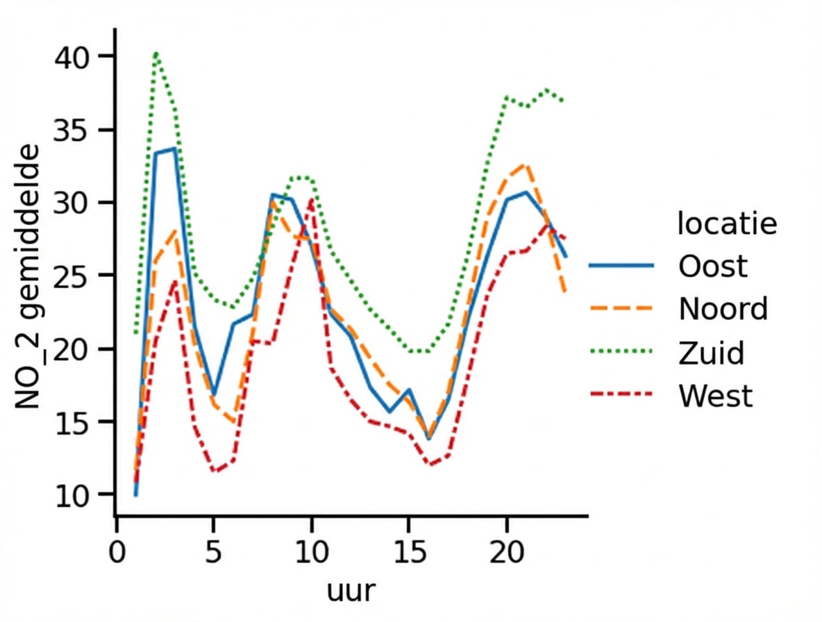 Lijndiagram van gemiddelde stikstofdioxide in de tijd per regio