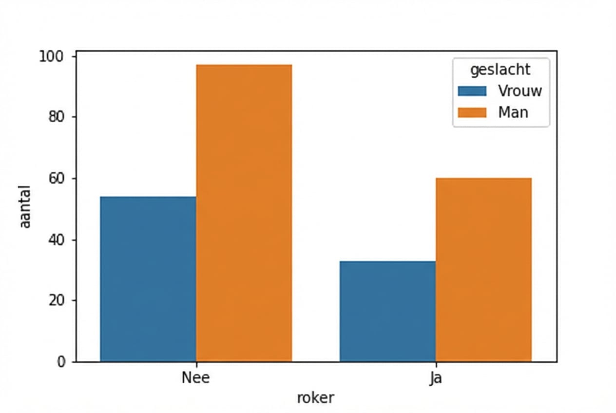 Staafdiagram met aantallen per rookstatus en subgroepen man/vrouw
