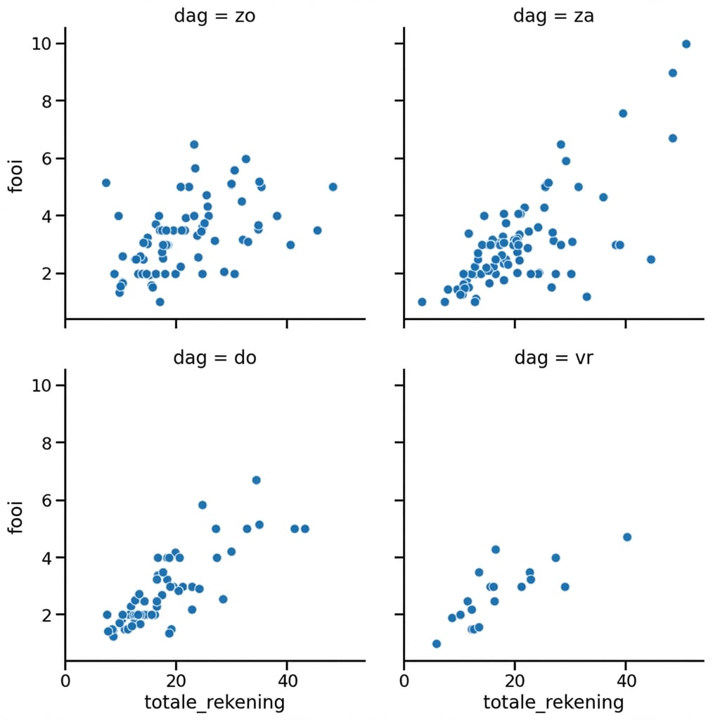Spreidingsplot met dag-subplots in kolommen op twee rijen