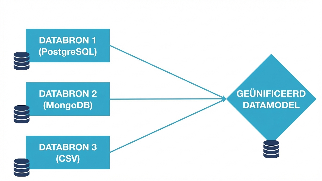 Drie databronnen zonder verbinding met het uniforme datamodel en met verschillende formaten