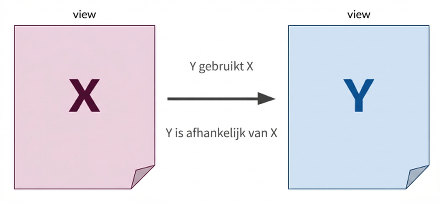 Diagram van X- en Y-views met een pijl van X en Y die een afhankelijkheid aangeeft