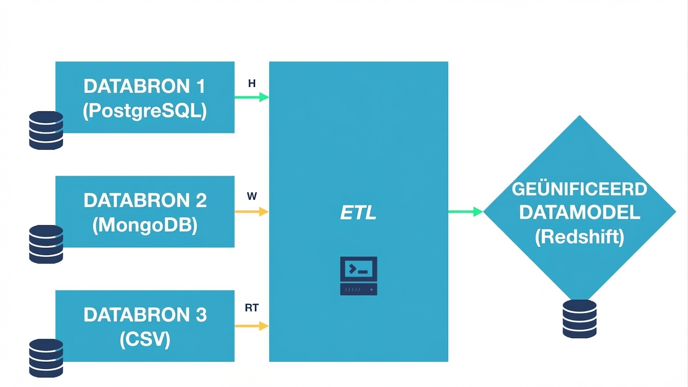 ETL-diagram met een lijn die de datastroom van bron naar bestemming toont