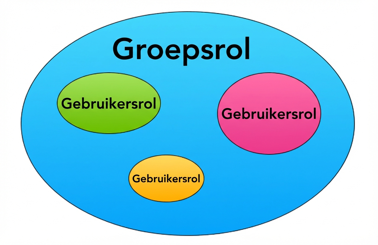 Grafiek met rollen: een buitenste cirkel is een groepsrol en drie binnencirkels zijn gebruikersrollen