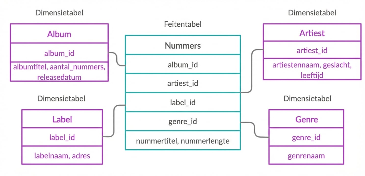 Feitentabel en dimensietabellen van het liedjesvoorbeeld