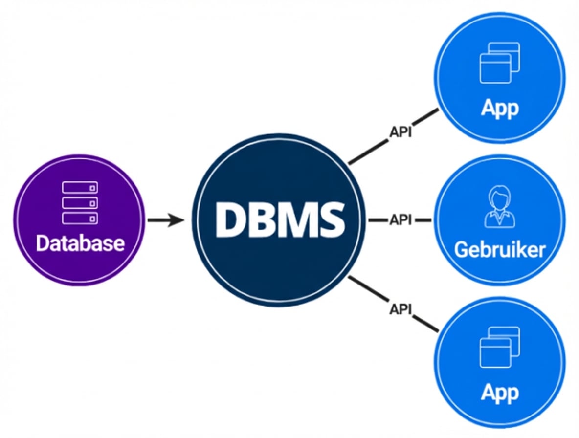 Diagram van DBMS als schakel tussen database en eindgebruikers