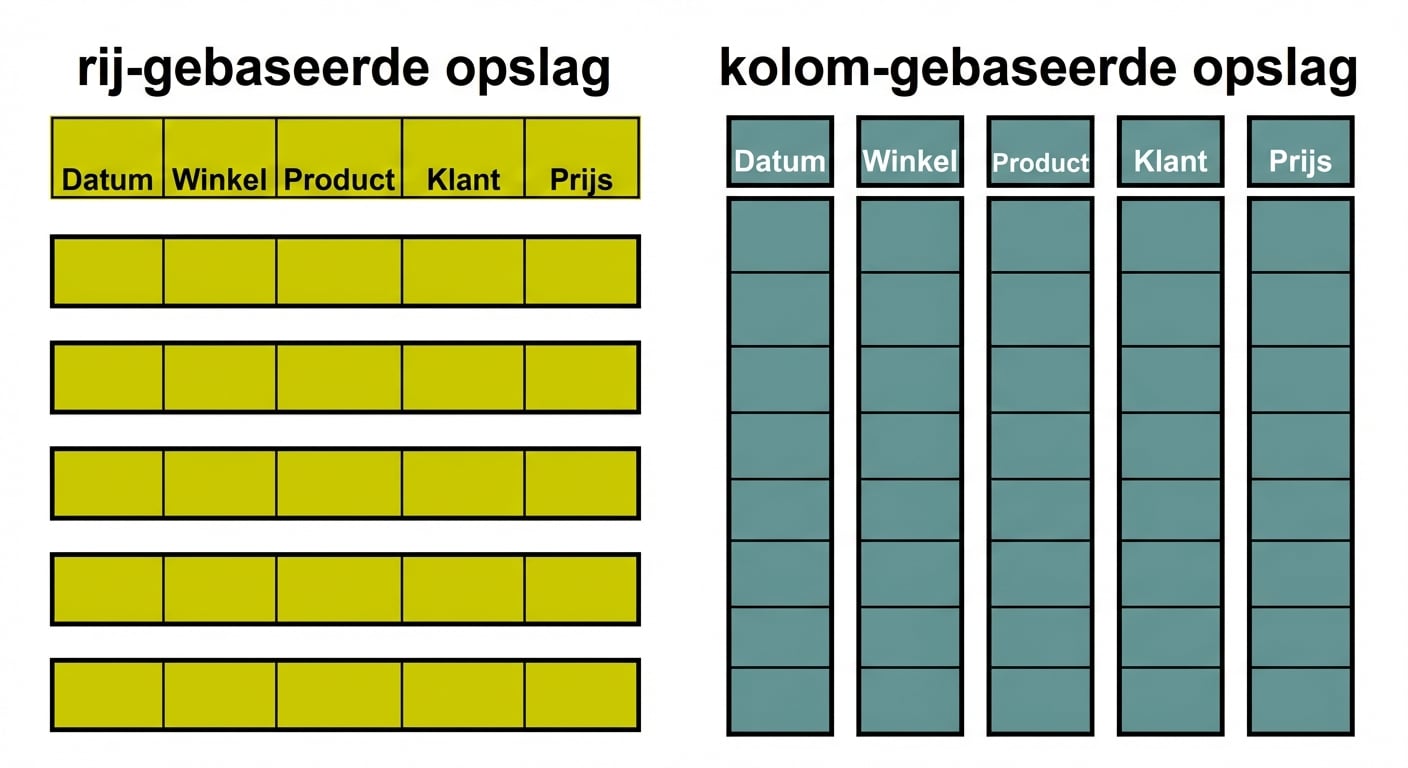 Diagram vergelijkt opslag van row-store en column-store