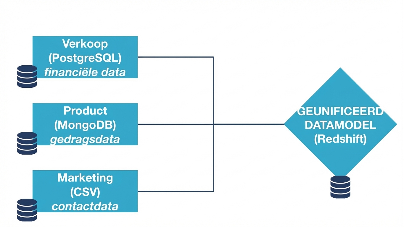 Drie databronnen met verschillende formaten en uit verschillende teams, niet verbonden met het uniforme datamodel (een Redshift data warehouse)
