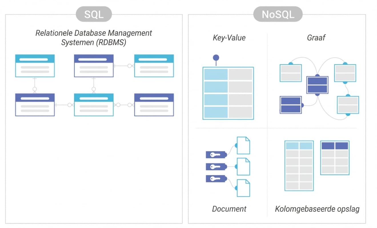 Diagram vergelijkt opslag van SQL- en NoSQL-DBMS'en.