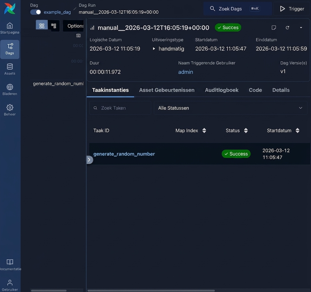 Airflow DAG‑run takenweergave met details per taak, zoals generate_random_number
