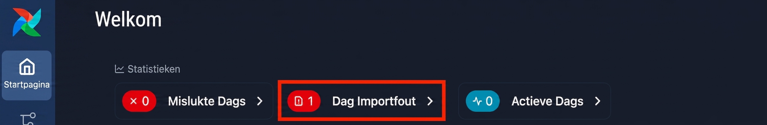 Airflow-welkomstpagina met een Dag-importfoutmelding