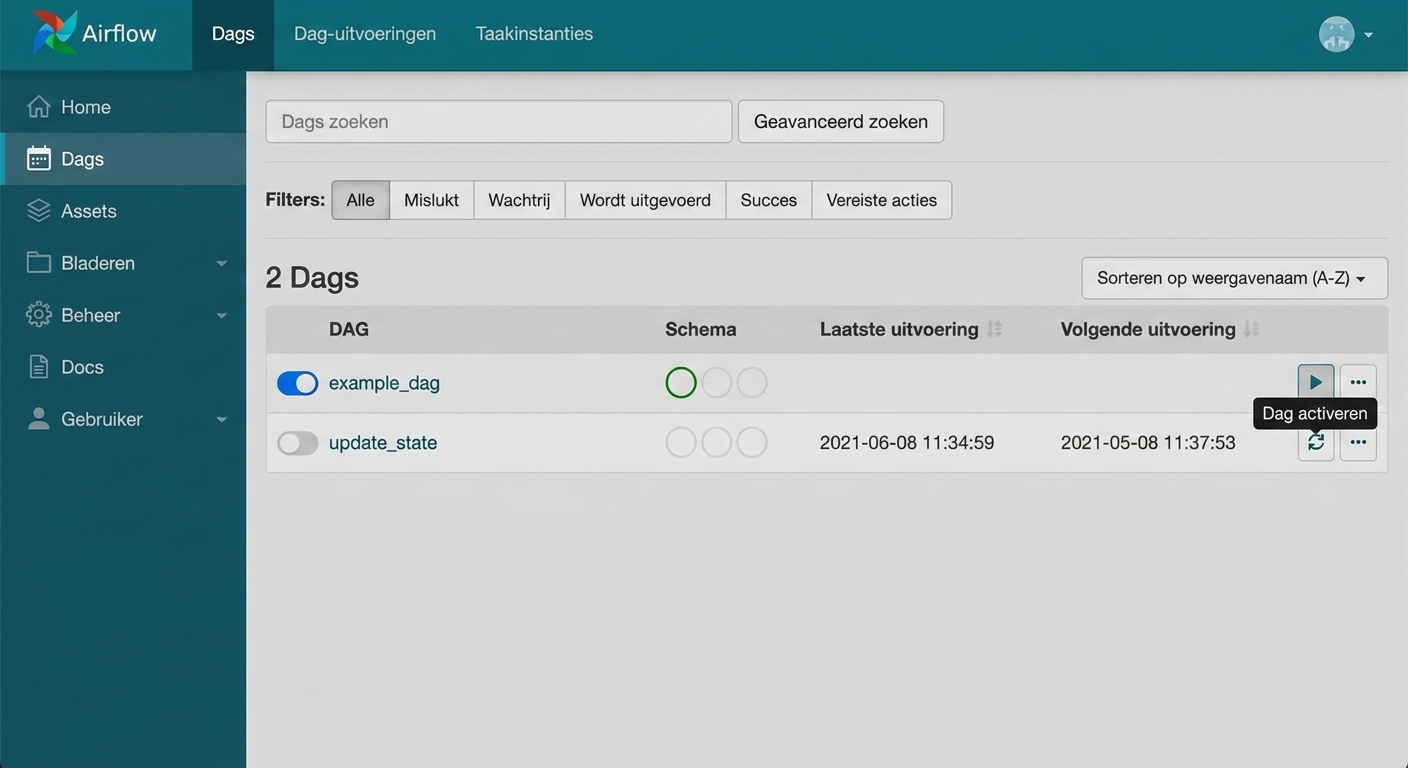 Airflow DAGs‑weergave met de trigger‑afspeelknop gemarkeerd